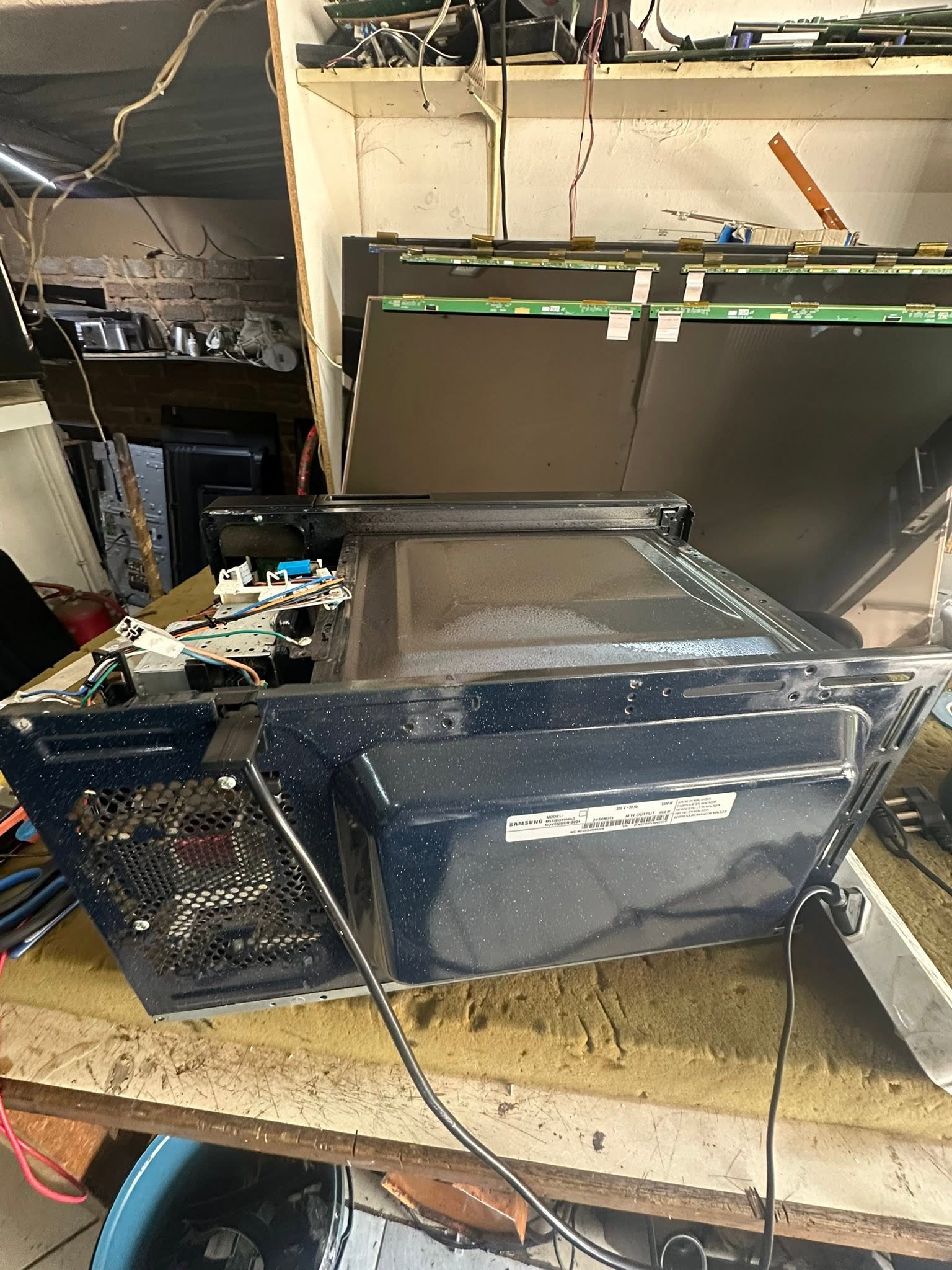 Microwave stripped on a workbench