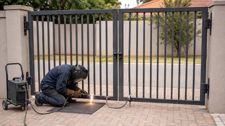 Technician welding a palisade gate